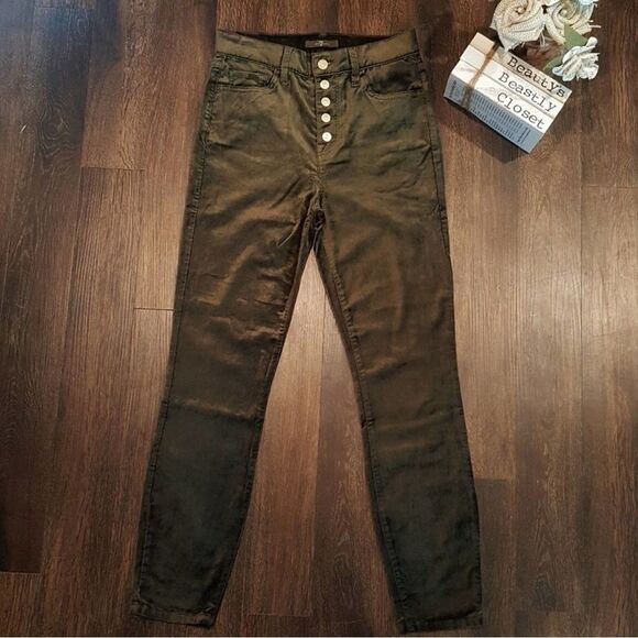 7 For All Mankind High Waist Button Fly Skinny Velvet Pant Olive Green 26 NWT - Picture 3 of 11